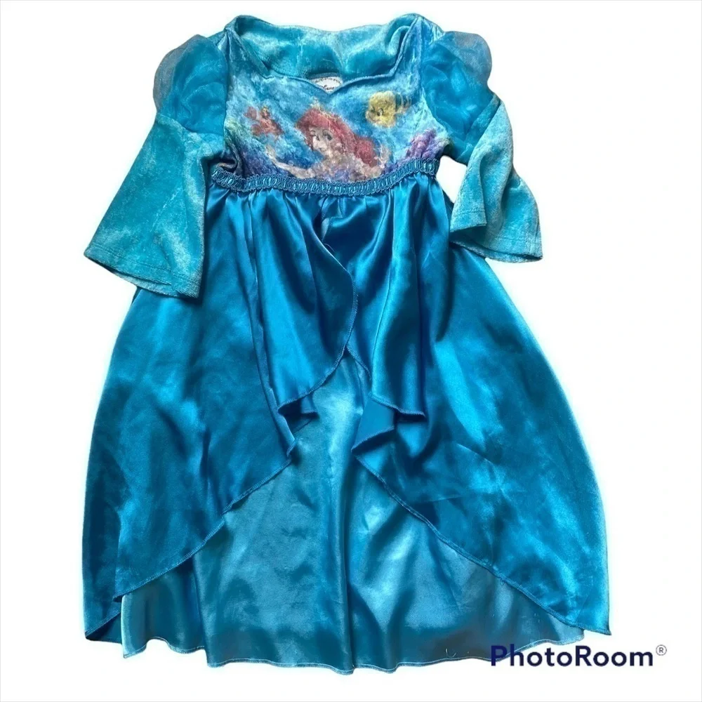 Disney Ariel Little Mermaid Dress Pajama Night Gown Sz 2/3 Blue Silky Girls Kids